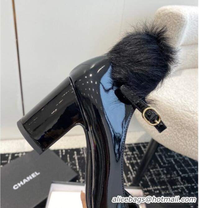 Sophisticated Chanel Patent Leather Mary Janes Pumps 6.5cm with Fur Charm Black 120023