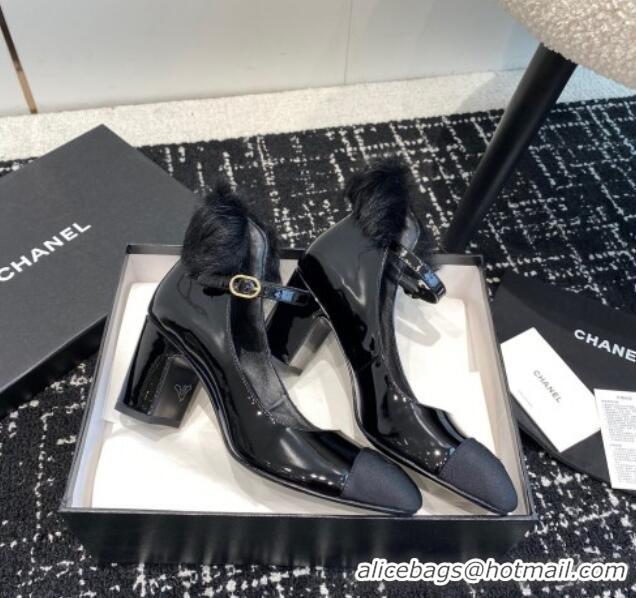 Sophisticated Chanel Patent Leather Mary Janes Pumps 6.5cm with Fur Charm Black 120023