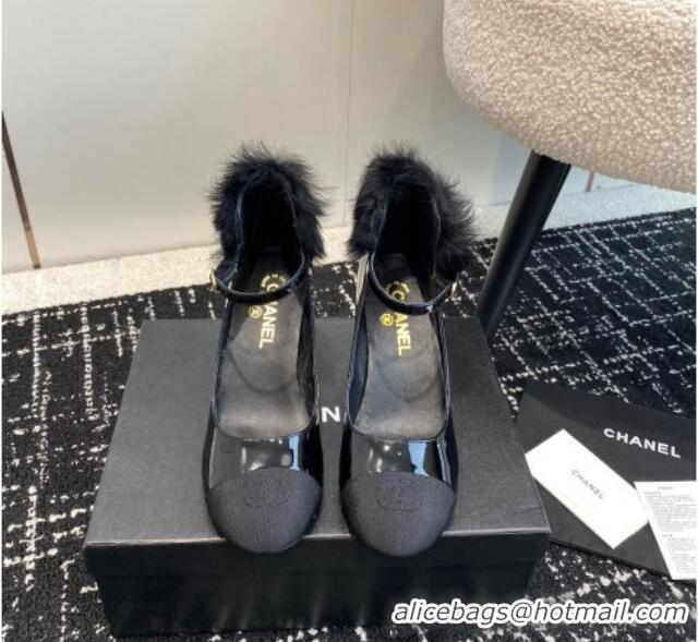 Sophisticated Chanel Patent Leather Mary Janes Pumps 6.5cm with Fur Charm Black 120023