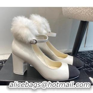 Duplicate Chanel Patent Leather Mary Janes Pumps 6.5cm with Fur Charm White 120024