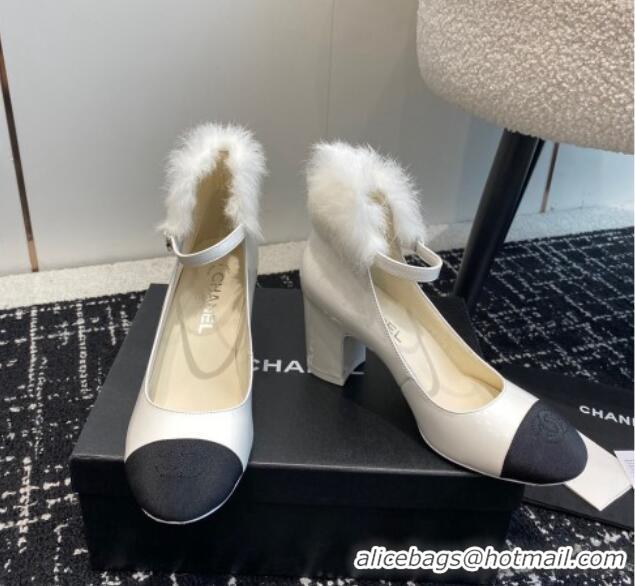 Duplicate Chanel Patent Leather Mary Janes Pumps 6.5cm with Fur Charm White 120024