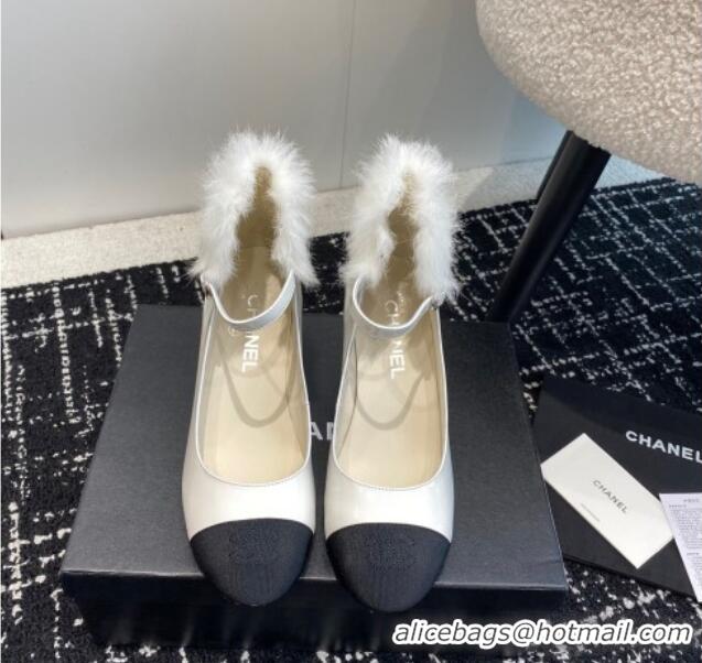 Duplicate Chanel Patent Leather Mary Janes Pumps 6.5cm with Fur Charm White 120024