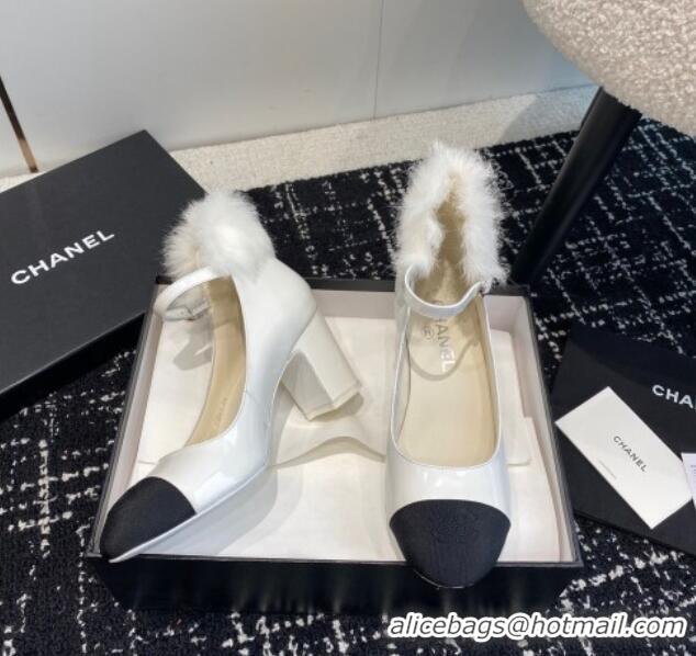 Duplicate Chanel Patent Leather Mary Janes Pumps 6.5cm with Fur Charm White 120024