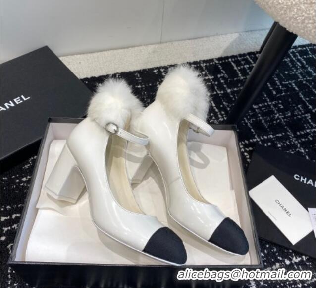 Duplicate Chanel Patent Leather Mary Janes Pumps 6.5cm with Fur Charm White 120024