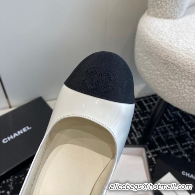 Duplicate Chanel Patent Leather Mary Janes Pumps 6.5cm with Fur Charm White 120024