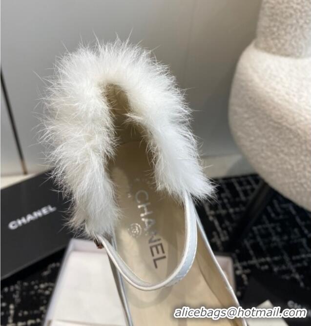 Duplicate Chanel Patent Leather Mary Janes Pumps 6.5cm with Fur Charm White 120024