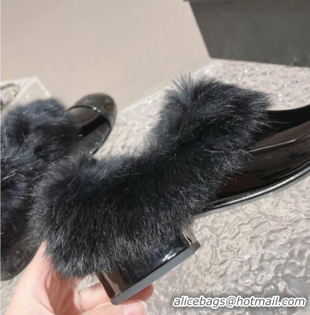 Best Price Chanel Patent Leather and Fur Loafers Black 120025