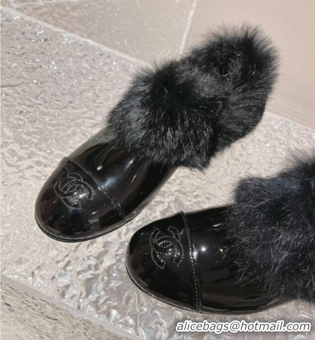 Best Price Chanel Patent Leather and Fur Loafers Black 120025