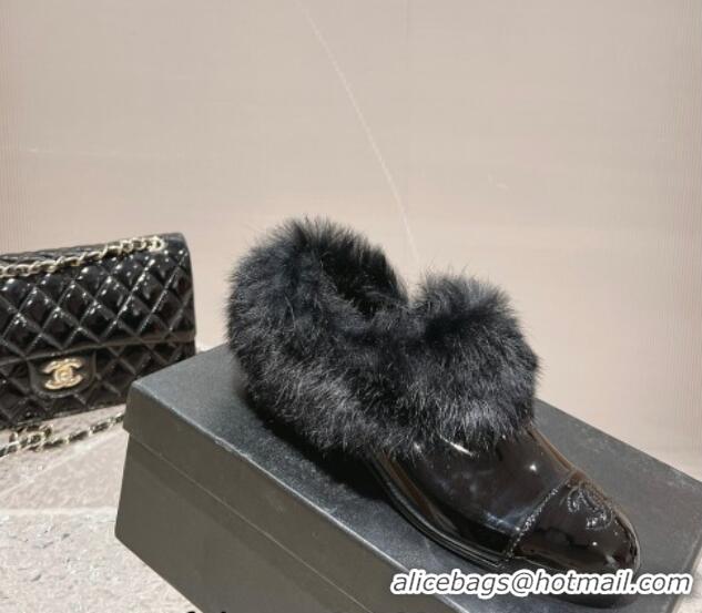 Best Price Chanel Patent Leather and Fur Loafers Black 120025