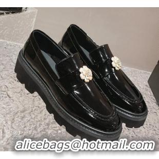 Sumptuous Chanel Patent Leather Loafers with Bloom Black 120026