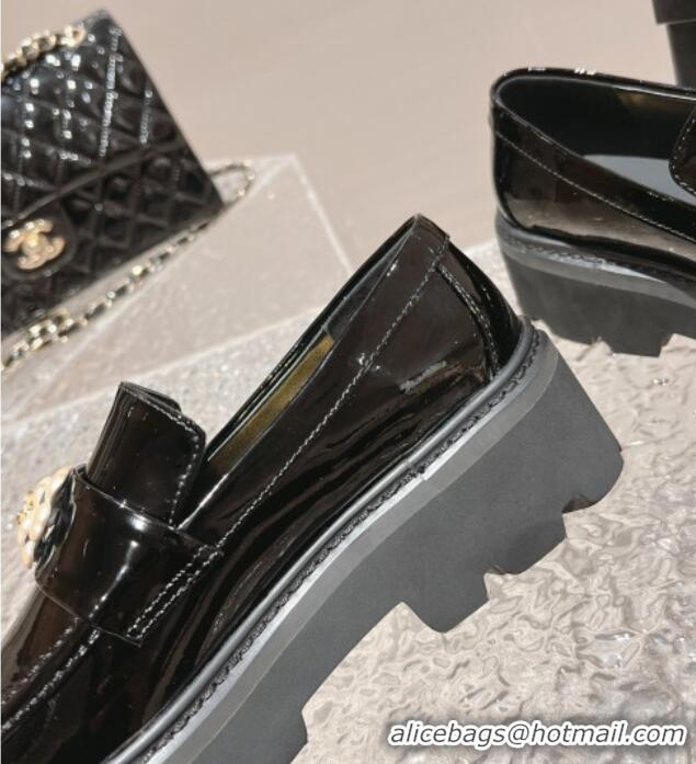 Sumptuous Chanel Patent Leather Loafers with Bloom Black 120026