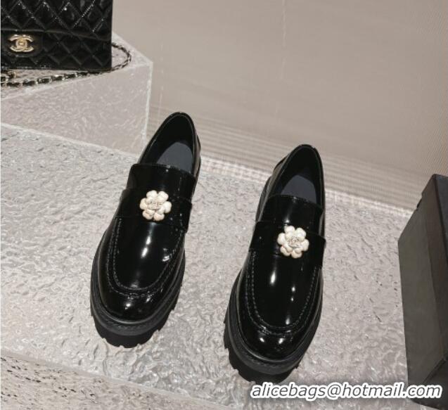 Sumptuous Chanel Patent Leather Loafers with Bloom Black 120026