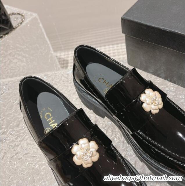 Sumptuous Chanel Patent Leather Loafers with Bloom Black 120026