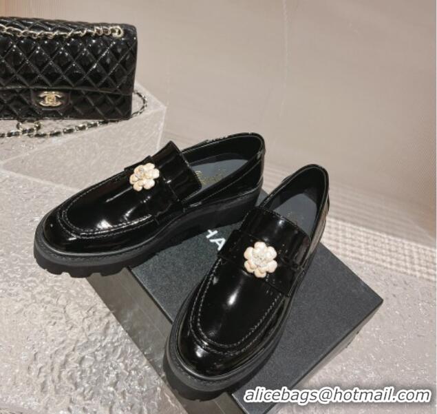 Sumptuous Chanel Patent Leather Loafers with Bloom Black 120026