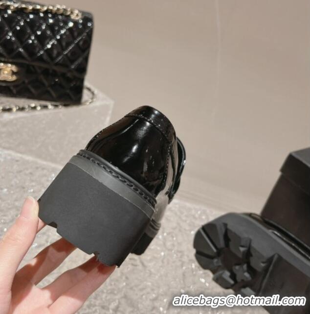 Sumptuous Chanel Patent Leather Loafers with Bloom Black 120026