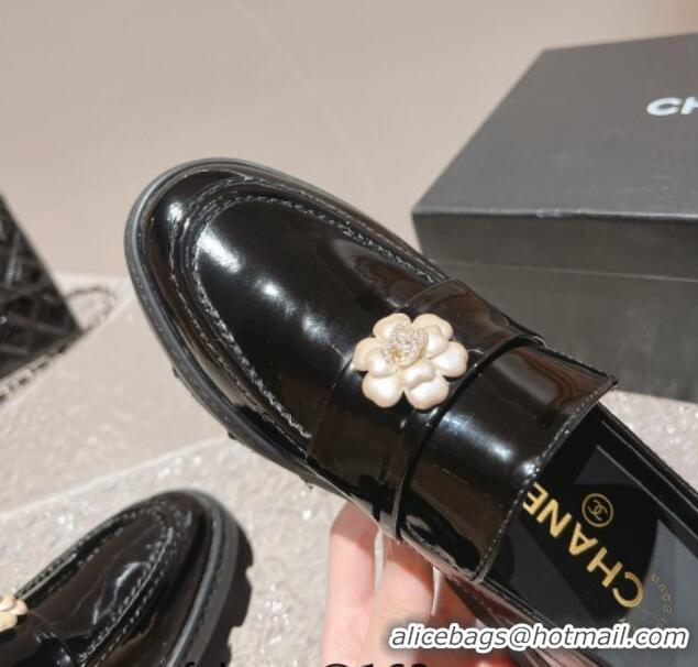 Sumptuous Chanel Patent Leather Loafers with Bloom Black 120026