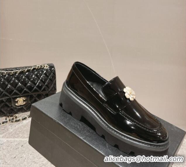 Sumptuous Chanel Patent Leather Loafers with Bloom Black 120026