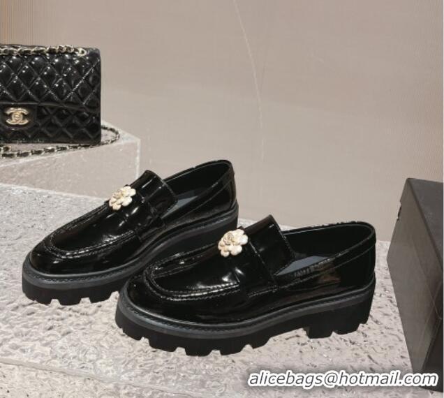 Sumptuous Chanel Patent Leather Loafers with Bloom Black 120026