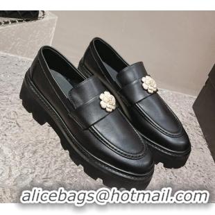 Buy Luxury Chanel Calf Leather Loafers with Bloom Black 120028