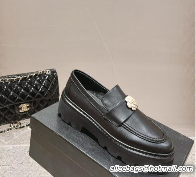 Buy Luxury Chanel Calf Leather Loafers with Bloom Black 120028