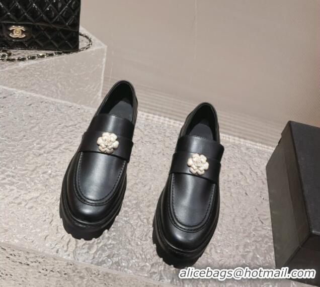 Buy Luxury Chanel Calf Leather Loafers with Bloom Black 120028