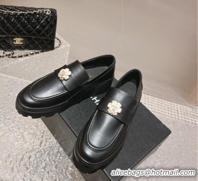 Buy Luxury Chanel Calf Leather Loafers with Bloom Black 120028