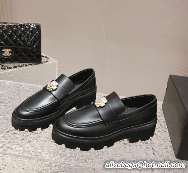 Buy Luxury Chanel Calf Leather Loafers with Bloom Black 120028