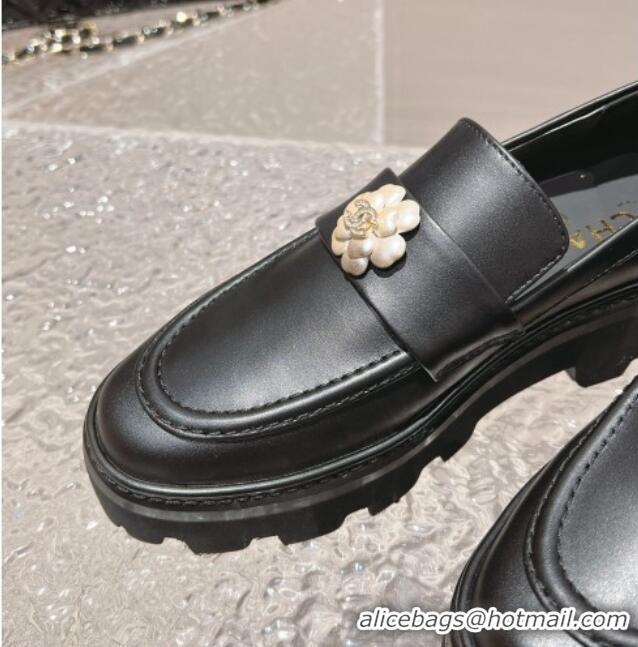 Buy Luxury Chanel Calf Leather Loafers with Bloom Black 120028