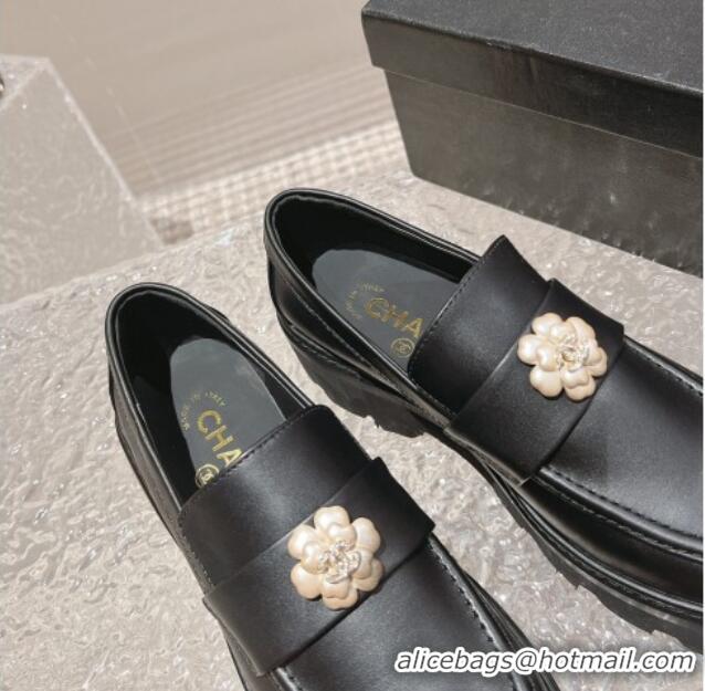 Buy Luxury Chanel Calf Leather Loafers with Bloom Black 120028