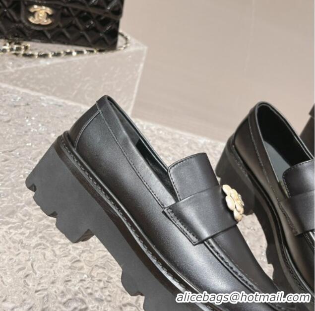 Buy Luxury Chanel Calf Leather Loafers with Bloom Black 120028