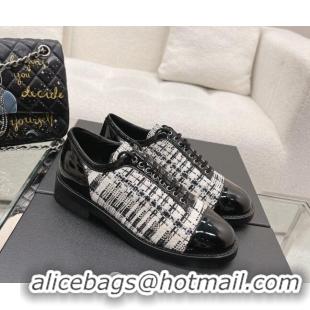 Classic Hot Chanel Tweed & Patent Leather Lace-ups Shoes Black/White 120029