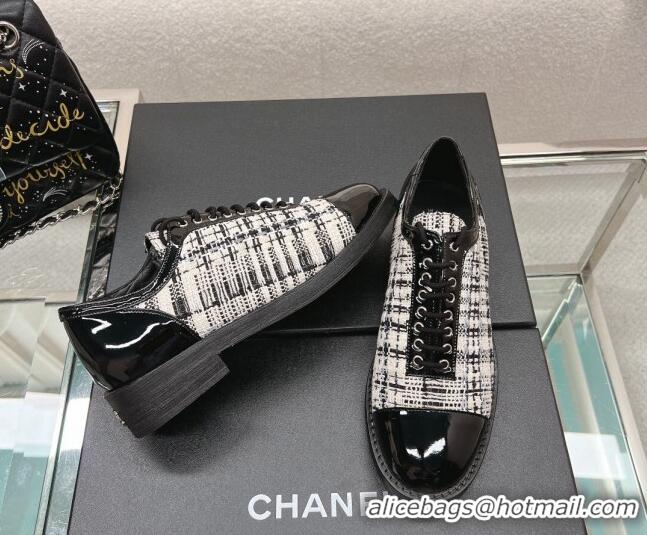 Classic Hot Chanel Tweed & Patent Leather Lace-ups Shoes Black/White 120029