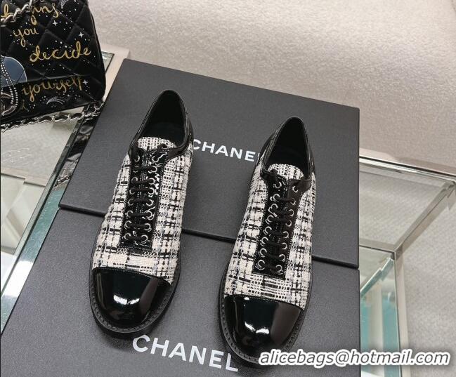 Classic Hot Chanel Tweed & Patent Leather Lace-ups Shoes Black/White 120029