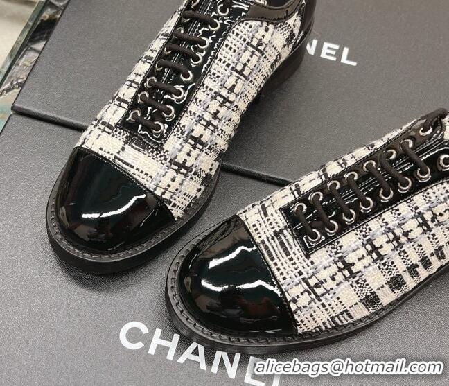 Classic Hot Chanel Tweed & Patent Leather Lace-ups Shoes Black/White 120029