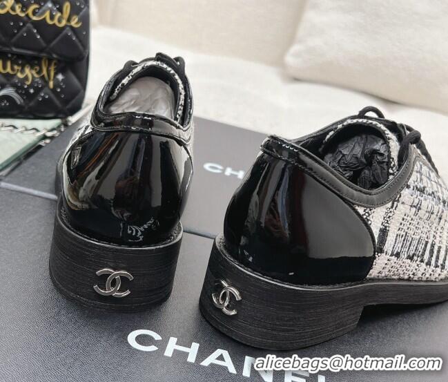 Classic Hot Chanel Tweed & Patent Leather Lace-ups Shoes Black/White 120029