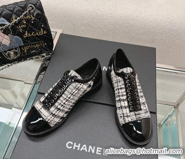 Classic Hot Chanel Tweed & Patent Leather Lace-ups Shoes Black/White 120029