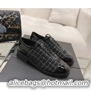 Fashion Luxury Chanel Check Tweed & Patent Leather Lace-ups Shoes Black 120030