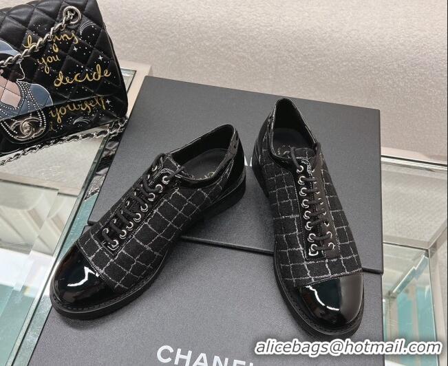 Fashion Luxury Chanel Check Tweed & Patent Leather Lace-ups Shoes Black 120030