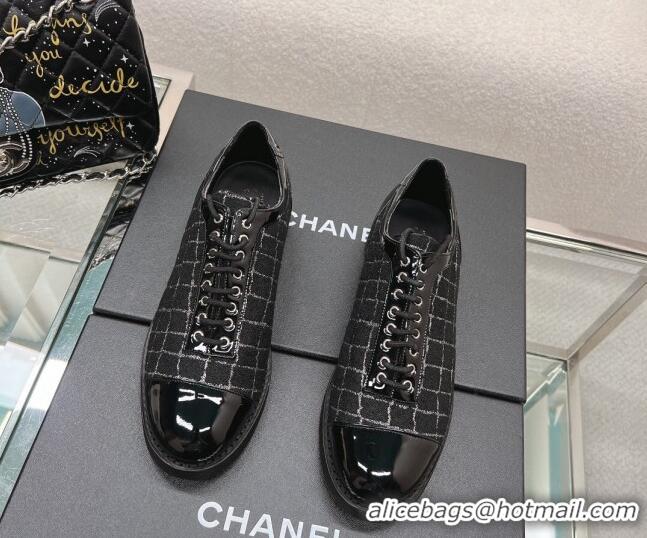 Fashion Luxury Chanel Check Tweed & Patent Leather Lace-ups Shoes Black 120030