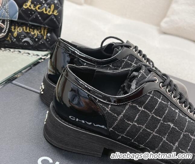 Fashion Luxury Chanel Check Tweed & Patent Leather Lace-ups Shoes Black 120030