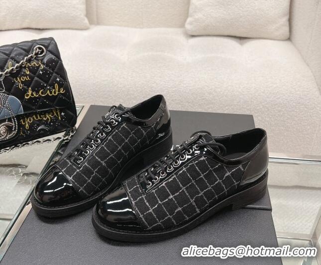 Fashion Luxury Chanel Check Tweed & Patent Leather Lace-ups Shoes Black 120030