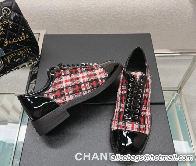 Purchase Chanel Tweed & Patent Leather Lace-ups Shoes Pink/Red 120031