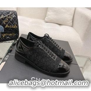 Low Price Chanel Tweed & Patent Leather Lace-ups Shoes Black 120032