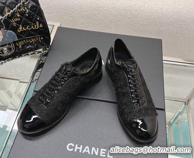 Low Price Chanel Tweed & Patent Leather Lace-ups Shoes Black 120032