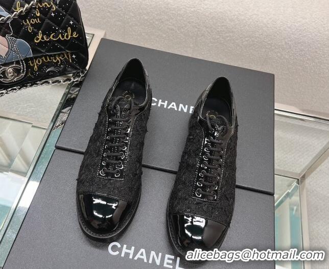 Low Price Chanel Tweed & Patent Leather Lace-ups Shoes Black 120032