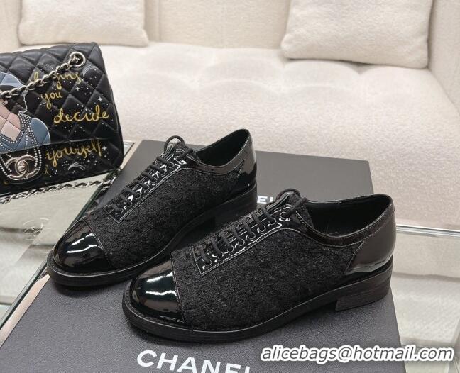 Low Price Chanel Tweed & Patent Leather Lace-ups Shoes Black 120032