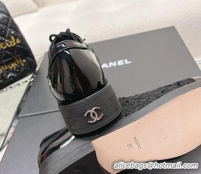 Low Price Chanel Tweed & Patent Leather Lace-ups Shoes Black 120032