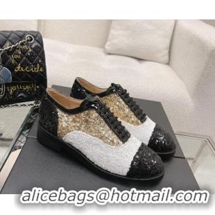 Original Cheap Chanel Sequins Leather Lace-ups Shoes Silver/Gold/White 120033