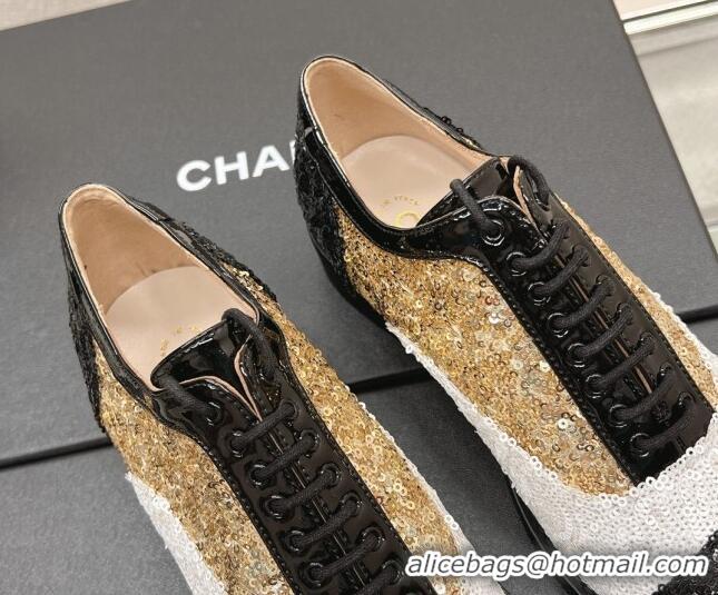 Original Cheap Chanel Sequins Leather Lace-ups Shoes Silver/Gold/White 120033