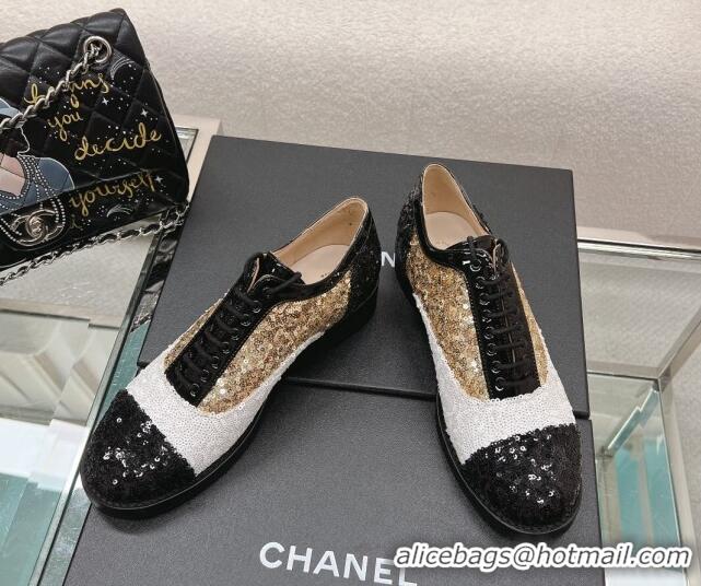 Original Cheap Chanel Sequins Leather Lace-ups Shoes Silver/Gold/White 120033